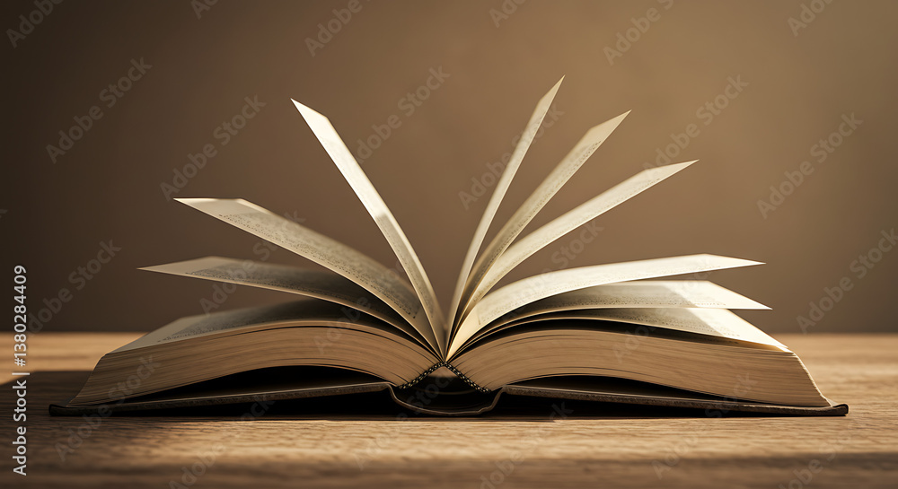 Fototapeta premium Open book with turning pages on wooden table against a neutral background 