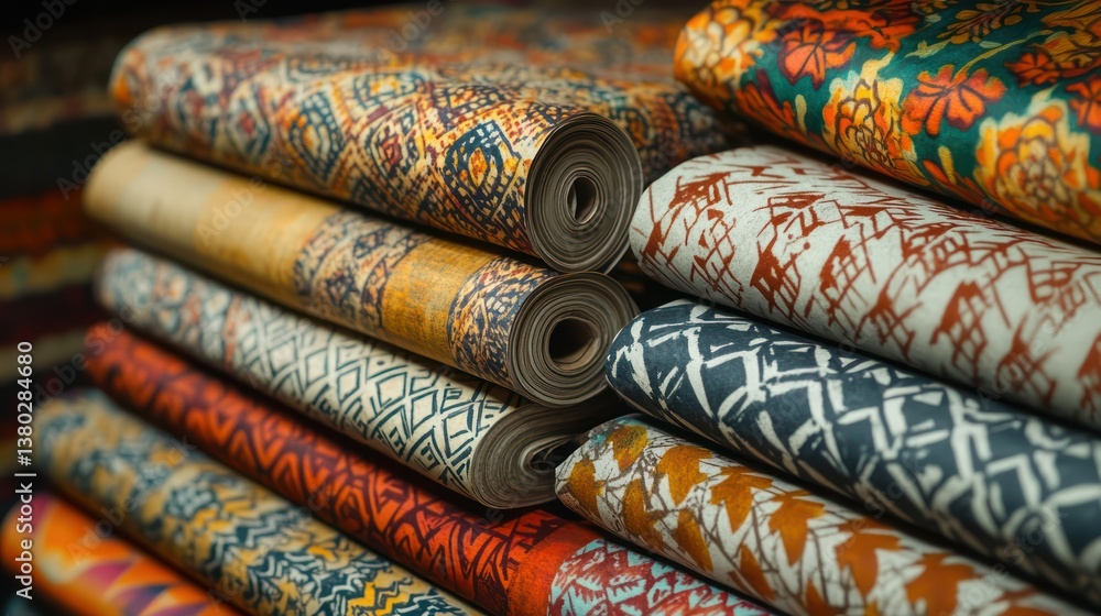 A mesmerizing display of hand-dyed wrapping paper sheets with intricately drawn cultural motifs, geometric patterns, and richly layered textures carefully A mesmerizing display of hand-dyed wrapping paper sheets with intricately drawn cultural motifs, geometric patterns, and richly layered textures carefully