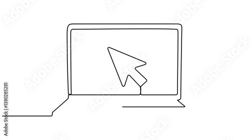 Laptop with mouse cursor continuous line drawn animated video. Arrow pointer linear symbol animation.