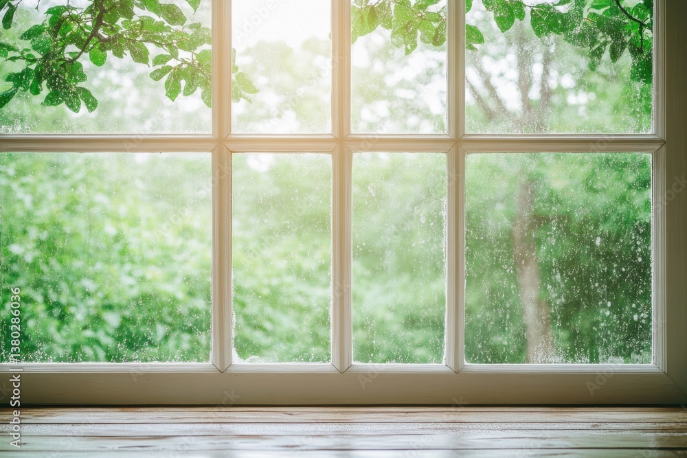 Rainy day view through a window with greenery in the background and raindrops on the glass Rainy day view through a window with greenery in the background and raindrops on the glass