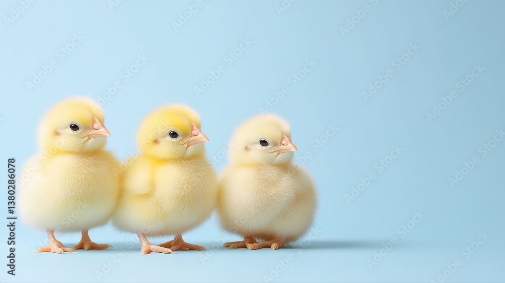 Three fluffy yellow chicks standing against a soft blue background, showcasing innocence and charm. Three fluffy yellow chicks standing against a soft blue background, showcasing innocence and charm.