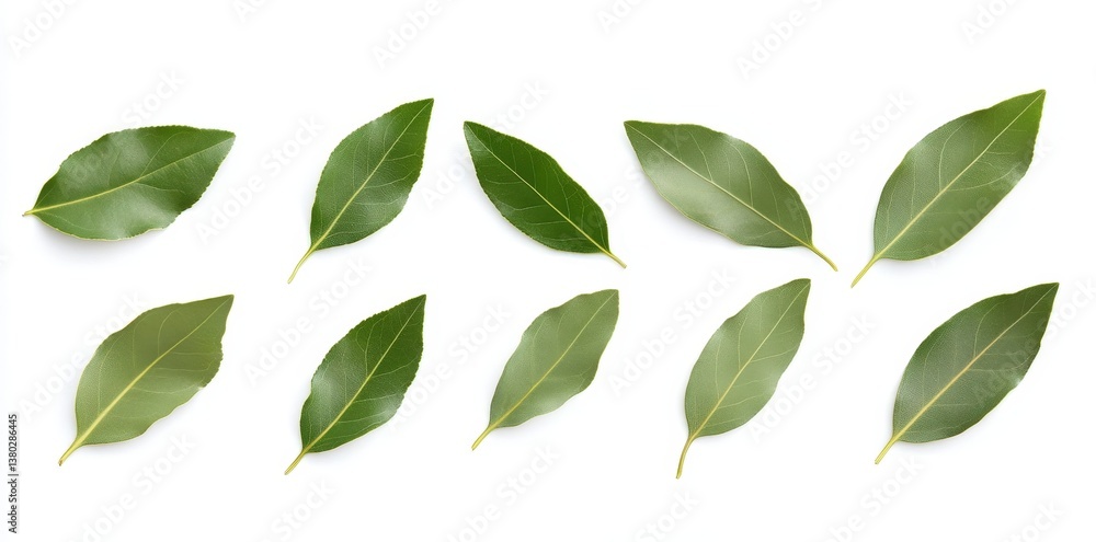A collection of bay leaves arranged neatly, showcasing their vibrant green colors and distinct shapes against a white background. A collection of bay leaves arranged neatly, showcasing their vibrant green colors and distinct shapes against a white background.