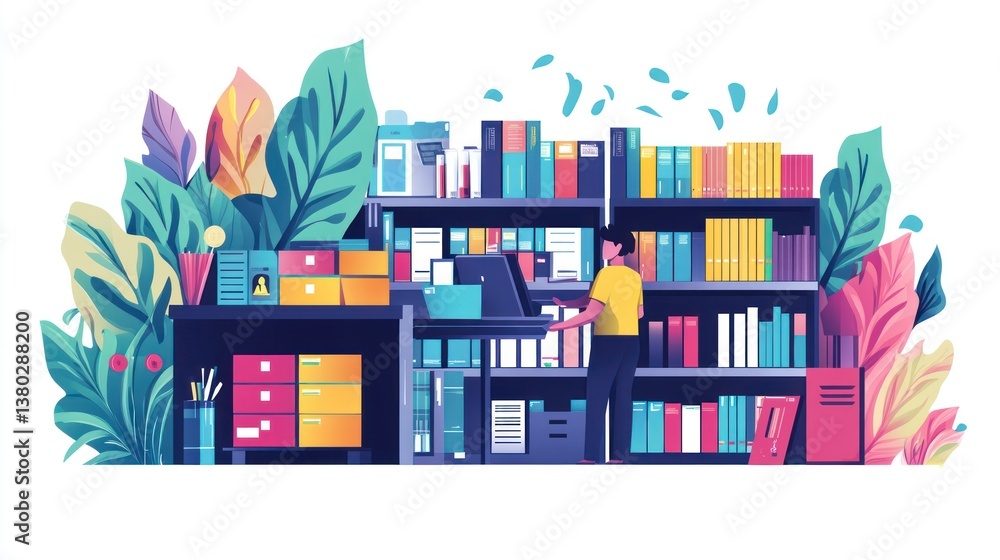 Fototapeta premium Organized office space with person arranging bookshelves