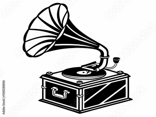 Vintage gramophone illustration with horn speaker retro music player concept

