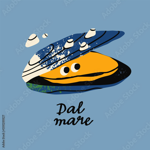 Sea Mussel, clam, shellfish. Cartoon style cute character with eyes. Hand drawn trendy Vector illustration. Sea or ocean creature, natural fresh seafood concept. Isolated design element