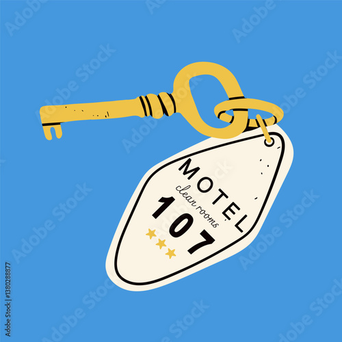 Motel, hotel Key with room number keychain. Hand drawn modern Vector illustration. Hostel, tourist, room service, hospitality, vacation concept. Icon, logo, print, design template