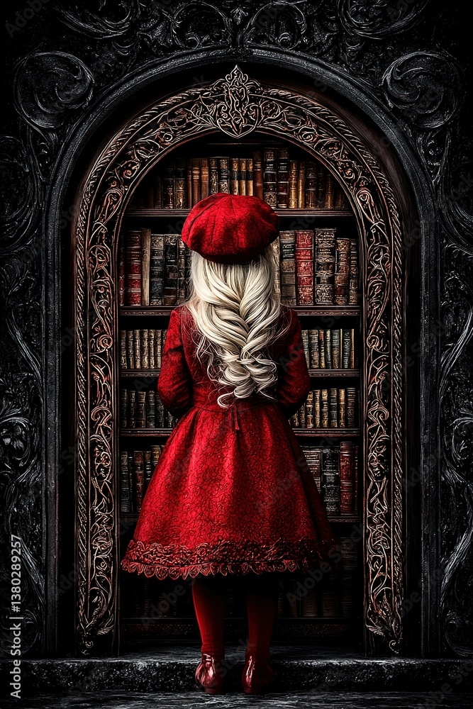 Obraz premium Enchanting Child in Red Dress Gazes at Mysterious Bookshelf in Dark Fantasy Setting with Rich Oil Painting Style