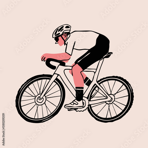 Person in helmet, sport suit riding bicycle. Cyclist in movement. Ride, cycling lifestyle, triathlon concept. Hand drawn modern Vector illustration. Isolated design element. Poster, print template