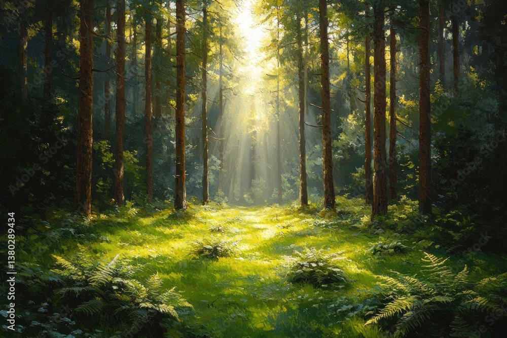 Tranquil Green Forest Landscape with Soft Sunlight in European Nature Tranquil Green Forest Landscape with Soft Sunlight in European Nature