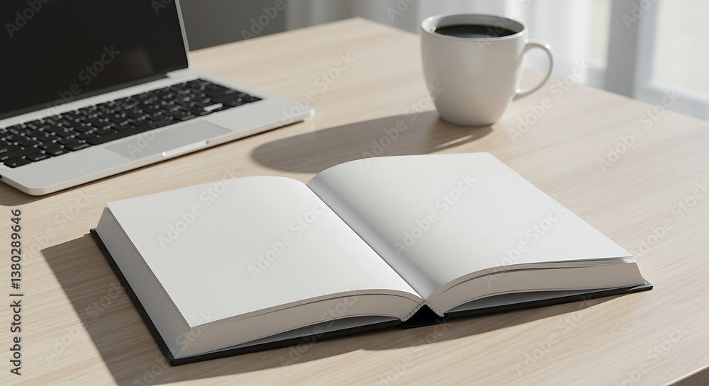Naklejka premium Open book and coffee cup on a desk with a laptop background 
