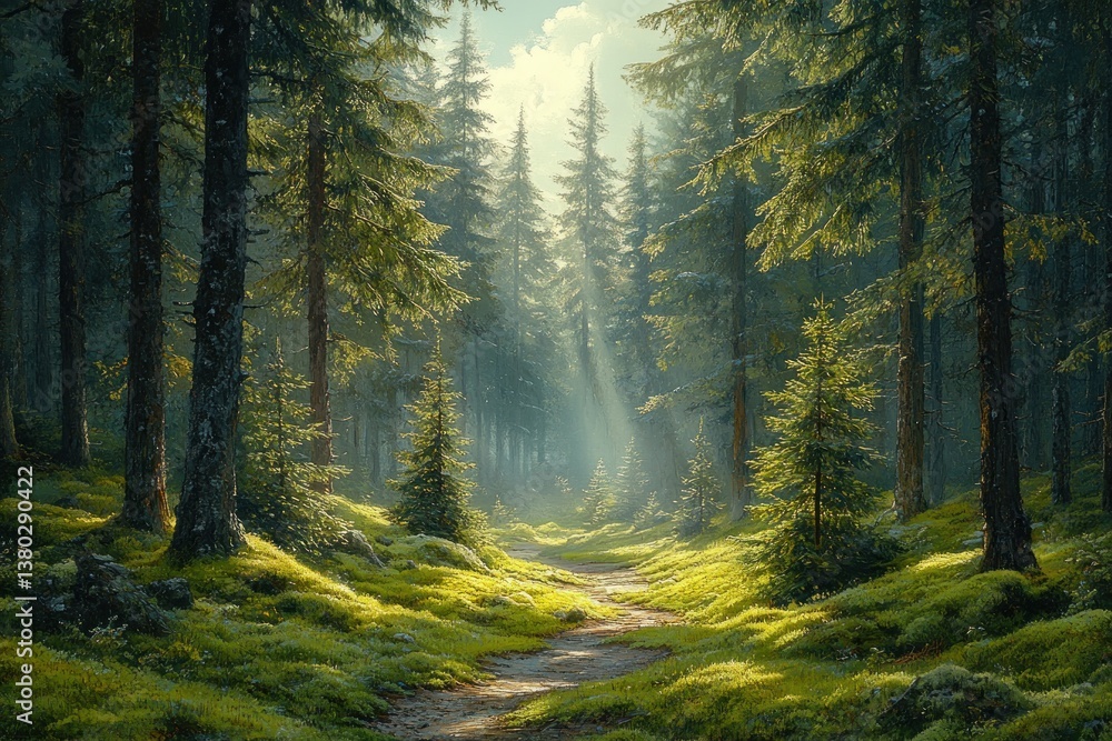Obraz premium Tranquil Serene Forest Scene with Sunlight and Winding Path in European Coniferous Landscape