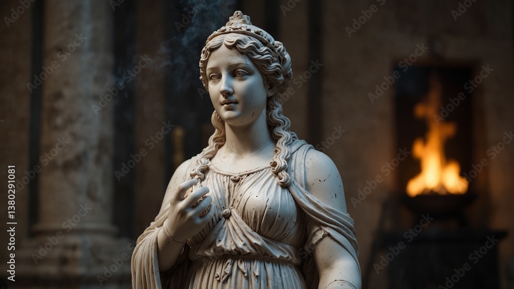 A statue of Hestia, holding a burning hearth, representing home and protection A statue of Hestia, holding a burning hearth, representing home and protection