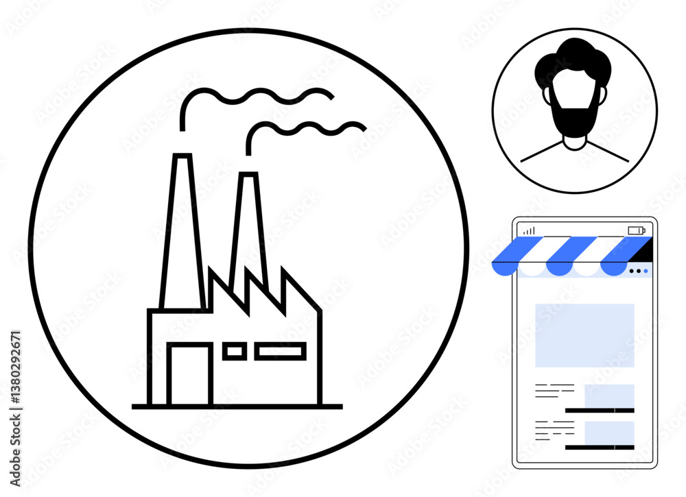 Factory with chimneys, storefront interface on monitor, user profile circle. Ideal for industry, e-commerce, digital identity, manufacturing, sustainability, business growth flat simple metaphor Factory with chimneys, storefront interface on monitor, user profile circle. Ideal for industry, e-commerce, digital identity, manufacturing, sustainability, business growth flat simple metaphor