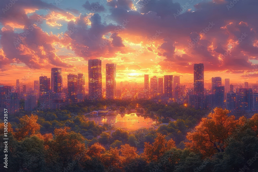 Fototapeta premium Downtown Omaha Cityscape at Sunset with Modern Skyscrapers and Golden Hour Lighting