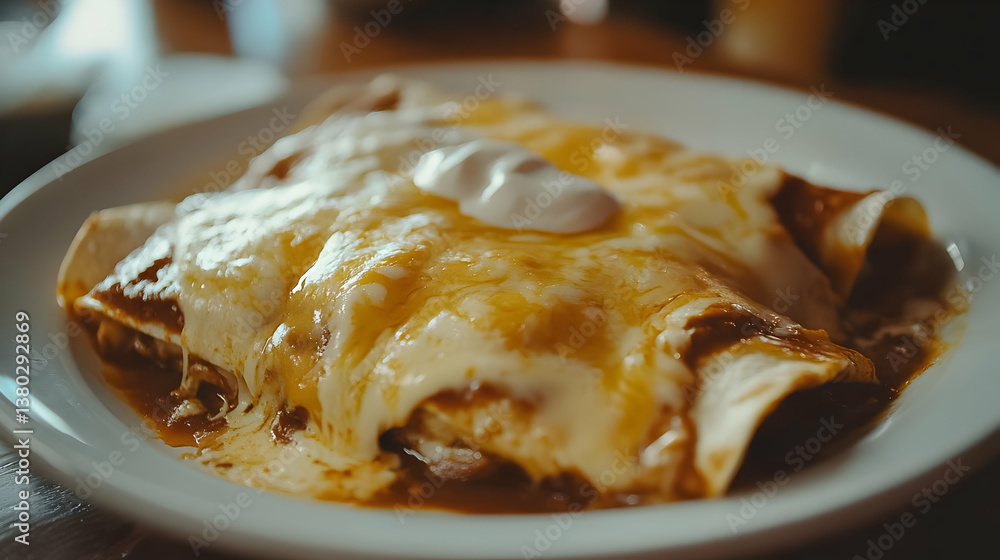 A plate of enchiladas topped with cheese and sour cream, served in a casual setting. A plate of enchiladas topped with cheese and sour cream, served in a casual setting.