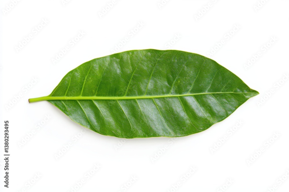 Obraz premium A single green leaf lies flat against a white background, showcasing its smooth texture and vibrant color.