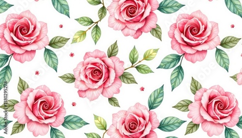 Delicate watercolor roses and leaves, repeating seamlessly , illustration, graphics