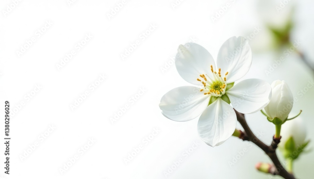 Delicate white blossom against pure white background, flower, blossom Delicate white blossom against pure white background, flower, blossom