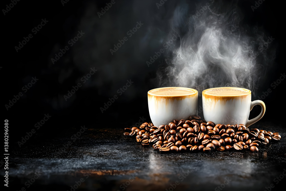 Two steaming coffees, coffee beans, dark background Two steaming coffees, coffee beans, dark background