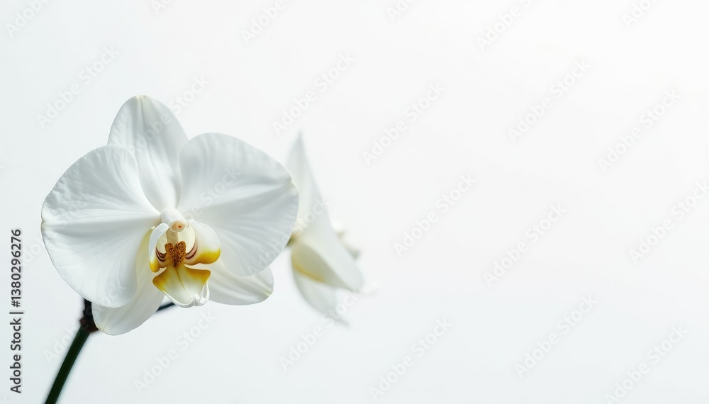 Delicate white orchid blossom against pure white backdrop, bright, natural, elegant Delicate white orchid blossom against pure white backdrop, bright, natural, elegant
