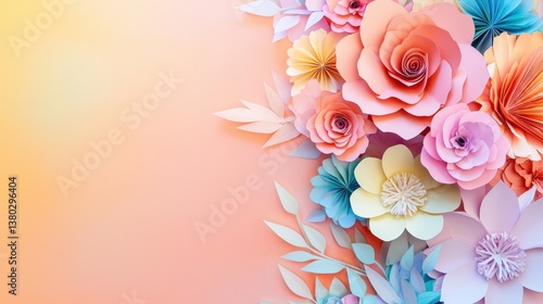 A vibrant arrangement of paper flowers in various colors, gently blending into a soft pastel background, creating a whimsical and artistic atmosphere.