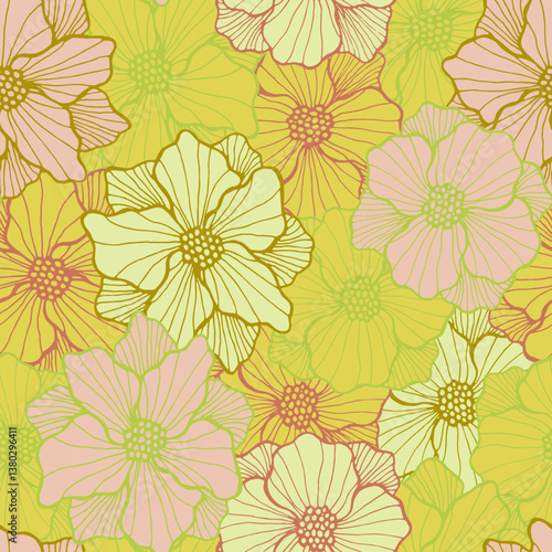Ornate marigold flower endless pattern. Hand drawn bouquet composition. Marig...