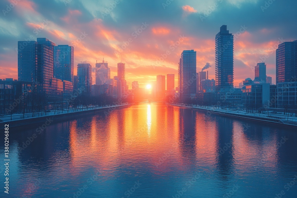 Naklejka premium Cityscape of Rochester Minnesota Riverside at Golden Hour