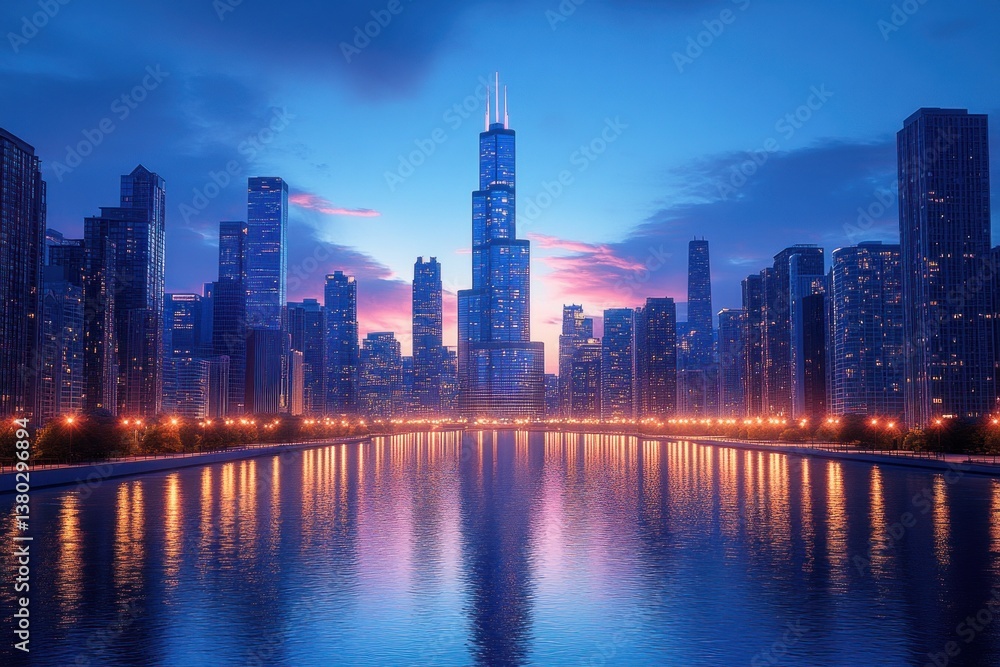 Fototapeta premium Chicago Skyline River Reflection at Blue Hour