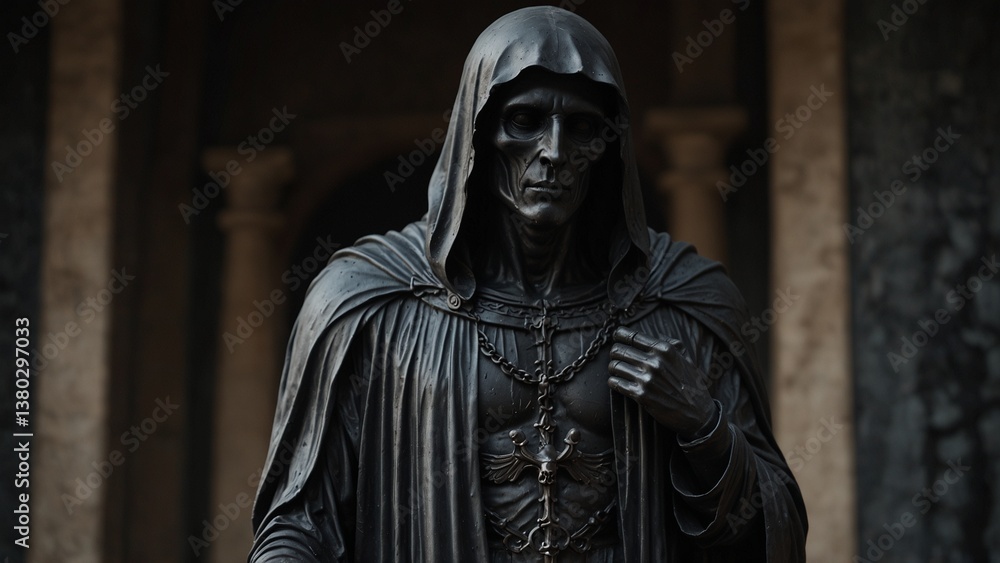 Fototapeta premium A statue of Thanatos, cloaked in black, his arms open to embrace the departed souls