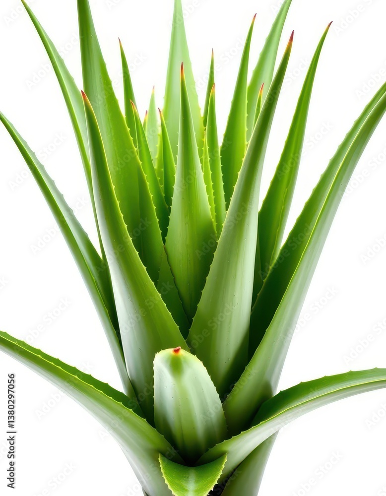 Fototapeta premium A lush, vibrant aloe vera plant isolated against a pure white backdrop, illustration, fresh, photography