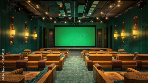 Cinema theater with a green screen, professional-grade lighting, and empty modern seats, setting the scene for a cinematic experience,  A sophisticated cinema theater with a green screen backdrop, 