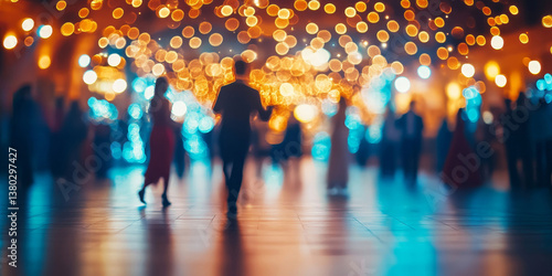 Blurry view of a ballroom dance floor with people and lights at the background. This captures a sense of celebration, elegance, and movement