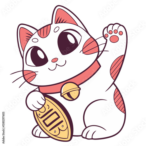 Cute maneki neko features a happy expression, raised paw, and collar with a bell. The cat holds a gold coin, symbolizing good luck and fortune, set against a clean white backdrop