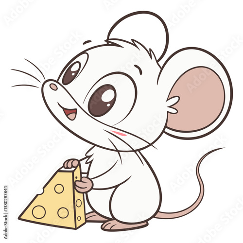 A charming mouse with oversized ears and big eyes holds a triangular piece of yellow cheese with joy. Its adorable features bring a sense of playfulness and lightheartedness