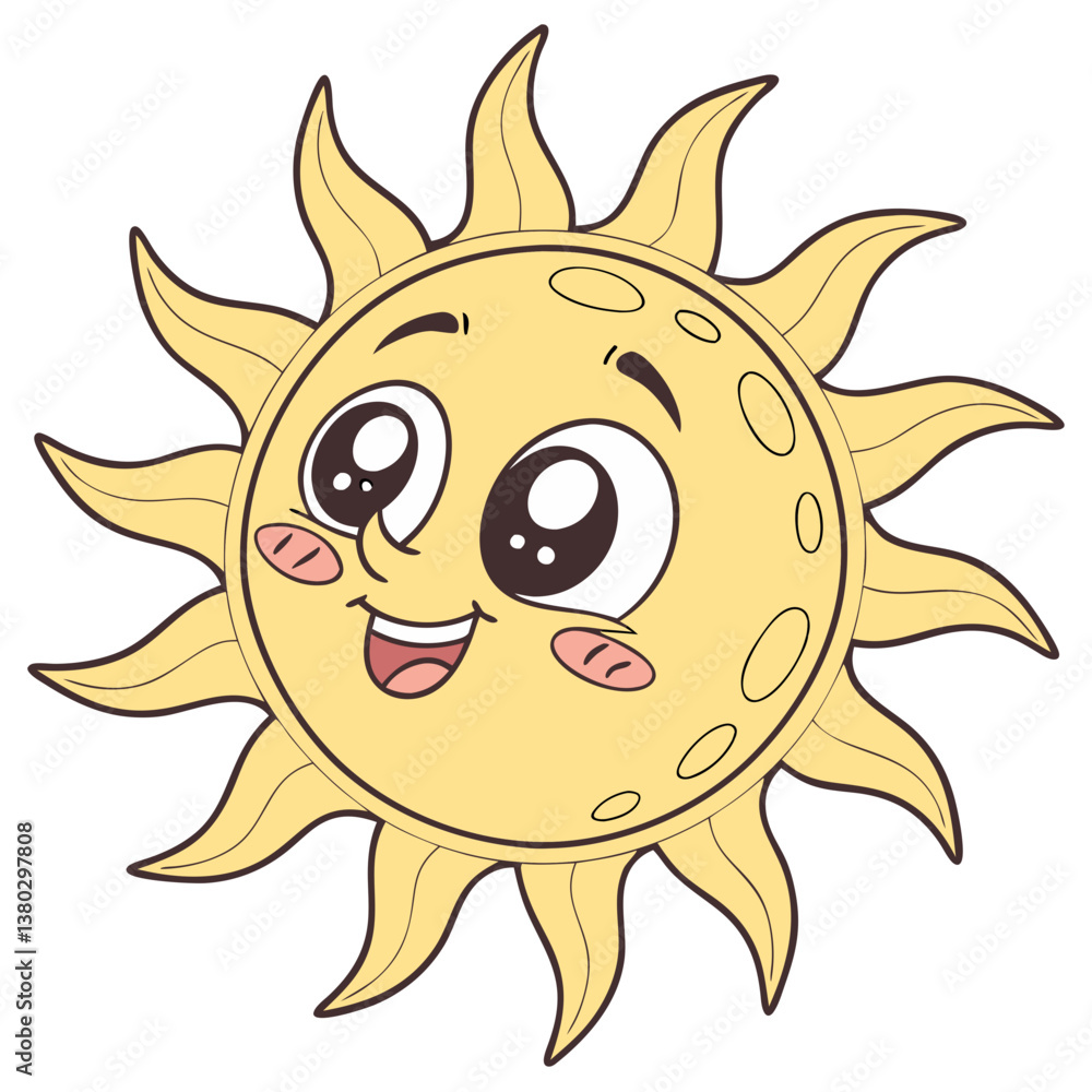 A cute, smiling sun character with big eyes and cheerful features radiates happiness against a plain white backdrop. Perfect for adding a touch of joy to various creative projects A cute, smiling sun character with big eyes and cheerful features radiates happiness against a plain white backdrop. Perfect for adding a touch of joy to various creative projects