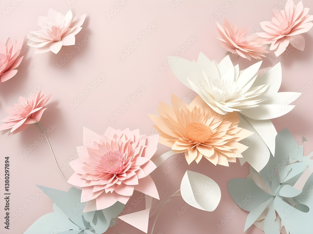 Obraz premium Delicate paper flowers in soft pastel hues bloom against a gentle pink backdrop, creating a serene and elegant floral arrangement.