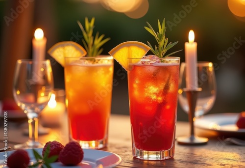 Wallpaper Mural artfully arranged duo vibrant cocktails colorful presentation garnishes refreshing drinks party table setting, beverage, glass, tropical, fruit, ice, spirits Torontodigital.ca