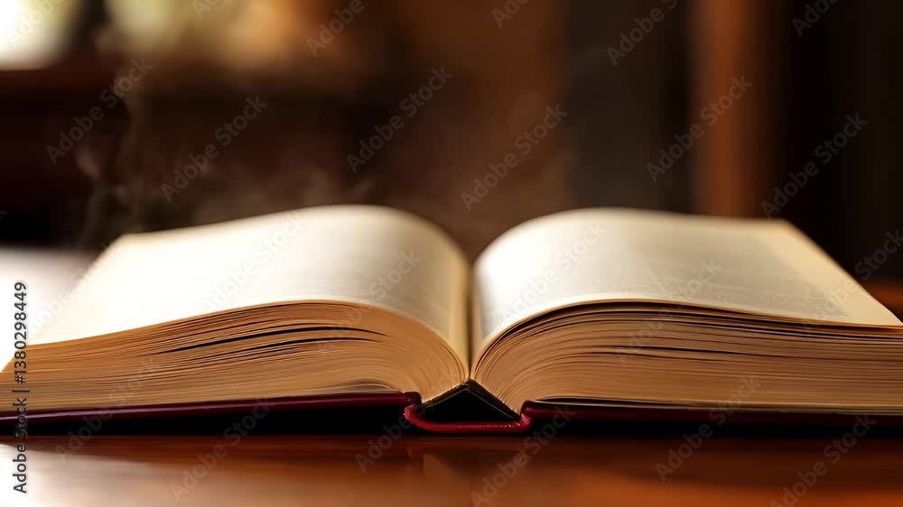 Open Book with Ethereal Smoke, Warm Lighting, Wooden Surface Open Book with Ethereal Smoke, Warm Lighting, Wooden Surface