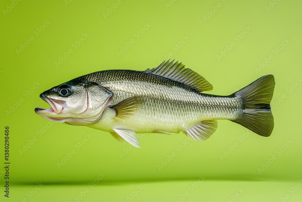 A single fish is shown swimming in a lime green background A single fish is shown swimming in a lime green background