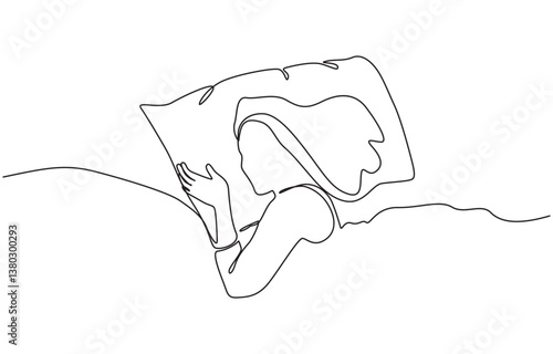 Continuous single line sketch drawing of woman sleeping on pillow bed one line lifestyle vector,  Female character is napping in bed.Continuous line drawing.