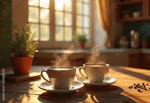 charming dual coffee cups rustic wooden table aesthetic warm cozy morning ambiance, beverage, ceramic, espresso, latte, drink, breakfast, dessert, tea