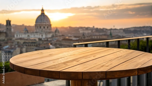 Wooden table top with rome italy cityscape background at sunset for product display and presentation