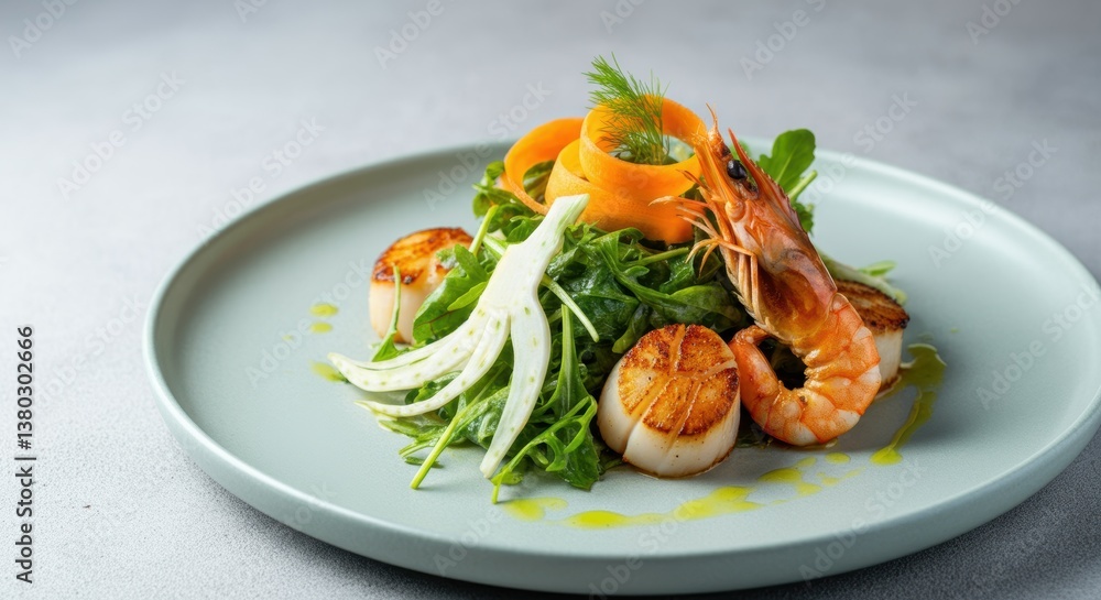 Gourmet seafood salad with scallops, shrimp, arugula, and fennel on a plate Gourmet seafood salad with scallops, shrimp, arugula, and fennel on a plate