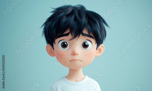 Sad cartoonish boy with a concerned expression and large eyes 