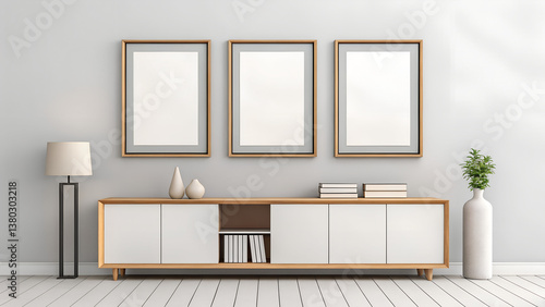 Light Wood Credenza with White Doors and Empty Wall Art