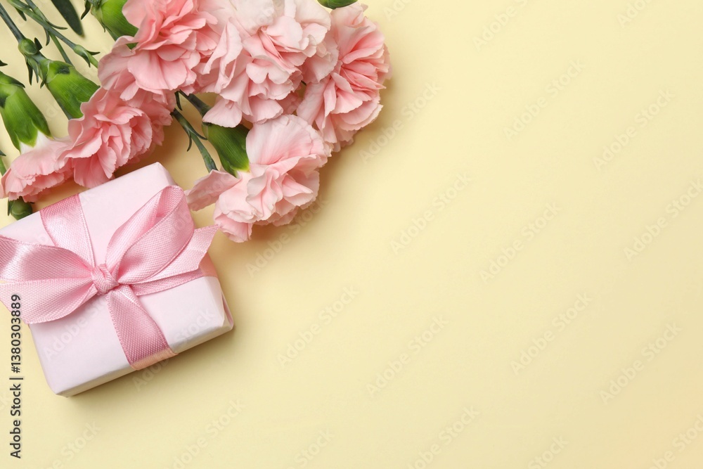Happy Mother's Day. Beautiful bouquet of pink carnations with gift box on a colored background Happy Mother's Day. Beautiful bouquet of pink carnations with gift box on a colored background