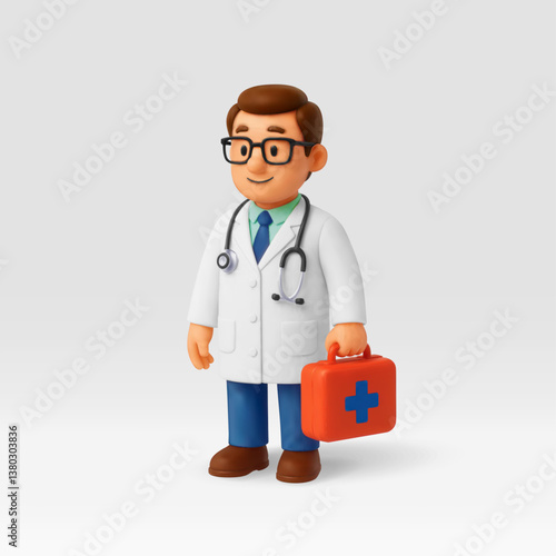 3d male doctor in white coat isolated. Render doctor holding first aid kit icon. Healthcare and emergency services, medical professional character. Medical and health care. Vector illustration