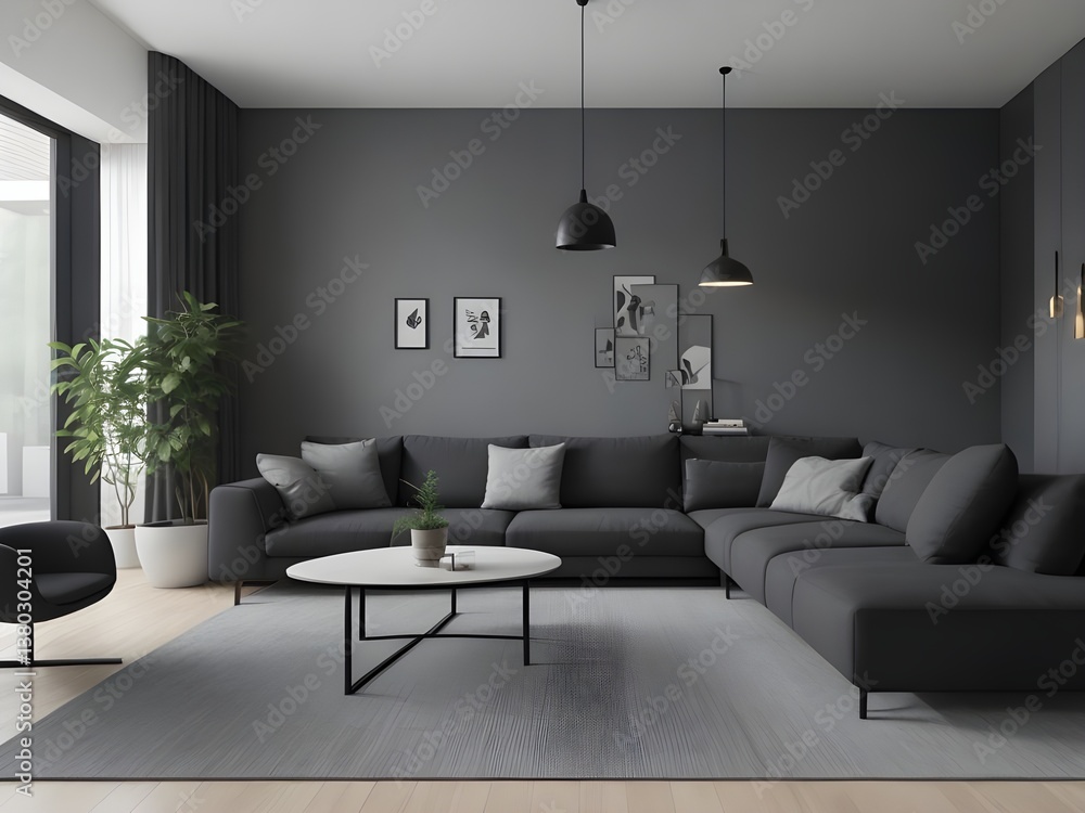Fototapeta premium A serene modern living room, bathed in soft light, features a spacious dark grey sectional sofa, creating a calm and sophisticated atmosphere.