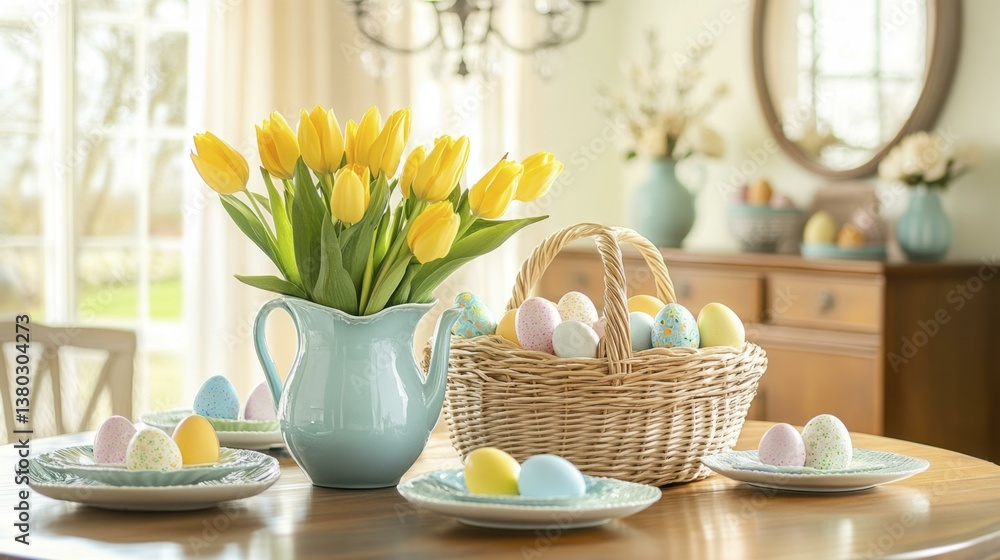 Fototapeta premium Easter Table Setting with Yellow Tulips and Decorated Eggs