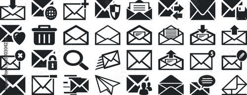 PrintEmail icon vector set features envelopes, notifications, and at symbols. Ideal for messaging apps, communication designs